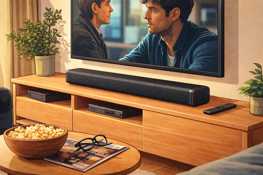 Soundbars bis 200 Euro Eine günstige Soundbar bis 200 Euro steht auf einem Holz-TV-Board unter einem Fernseher, auf dem zwei Männer im Gespräch zu sehen sind.