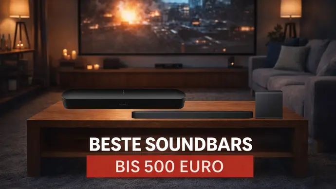 Abgedunkeltes Wohnzimmer mit TV-Tisch im Vordergrund und dem Schriftzug „Beste Soundbars bis 500 Euro“. Zwei Produkte stehen auf dem Tisch. - Foto: TVM/ChatGPT