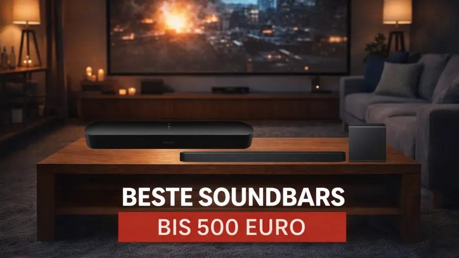 soundbars bis 500 Euro Abgedunkeltes Wohnzimmer mit TV-Tisch im Vordergrund und dem Schriftzug „Beste Soundbars bis 500 Euro“. Zwei Produkte stehen auf dem Tisch.
