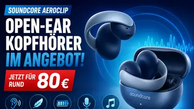 Blaue soundcore AeroClip Open-Ear-Kopfhörer mit Ladecase und Neuerungen als Grafik aufgelistet. - Foto: TV Movie / ChatGPT