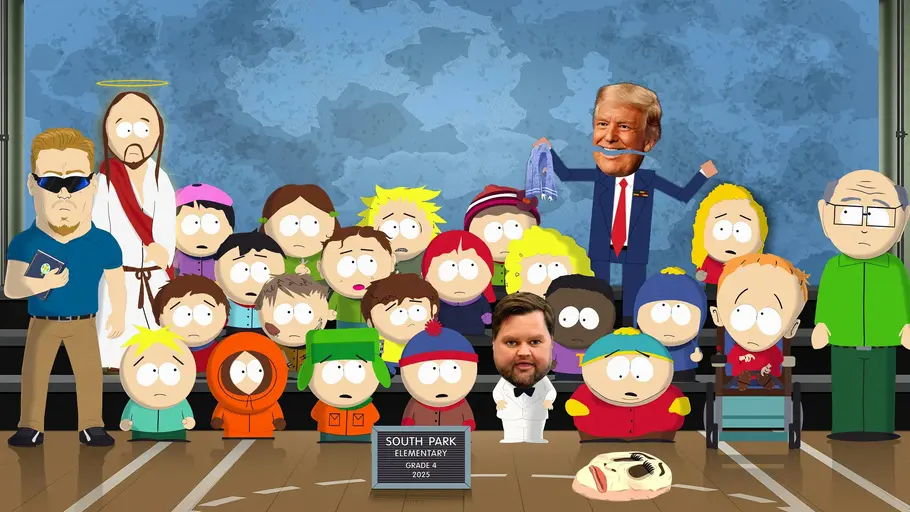 South Park – Staffel 28 Die 4. Klasse der South Park Elementary posiert für ein Klassenfoto, das von JD Vance und Donald Trump gehijacked wird.