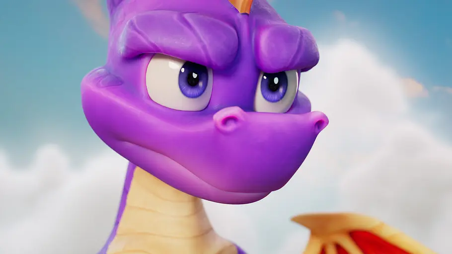 Spyro: A Realm Beyond Spyro schaut entschlossen in die Ferne. Hinter ihm sind Wolken.