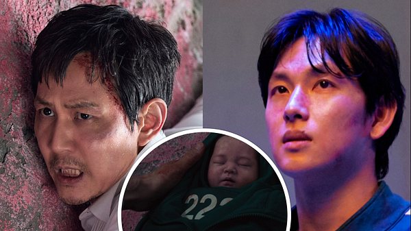 „Squid Game“, Staffel 3: Links: Seong Gi-hun (jung-jea Lee), rechts: Lee Myung-gi (Si-wan Yim), Kreis: KI-Baby - Foto: Netflix