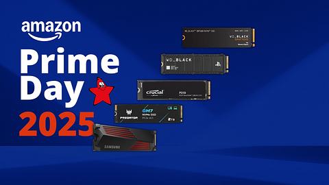 Prime Day Logo links, auf der rechten Seite sind SSD-Speicher von WD_BLACK, Samsung, Crucial und Acer abgebildet. - Foto: TVMovie / PR