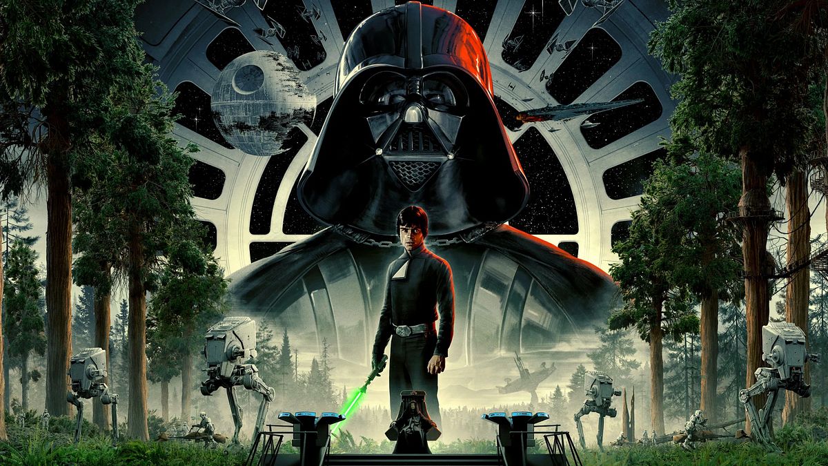 Mehr Luke, mehr Lando, mehr von allem! Ein gezeichnetes „Star Wars“-Design, Luke steht vor Darth Vader.