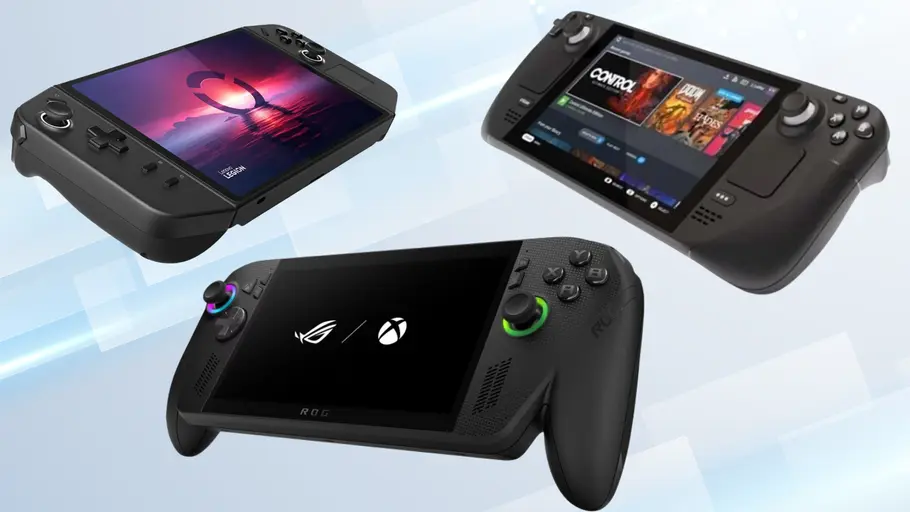 Steam Deck, Lenovo Legion Go, Asus Rog Ally X Produktbilder von Steam Deck, Lenovo Legion Go, Asus Rog Ally X vor hellblauem Hintergrund
