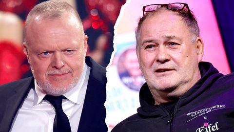 Riss-Collage aus Stefan Raab & „Bares für Rares“-Händler Waldi Lehnertz, die sich anschauen - Foto: IMAGO / Panama Pictures