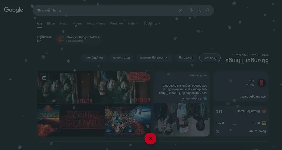Google-Seite steht Kopf. Die Google-Seite steht auf dem Kopf und ist mit Partikeln aus der Schattenwelt überzogen.