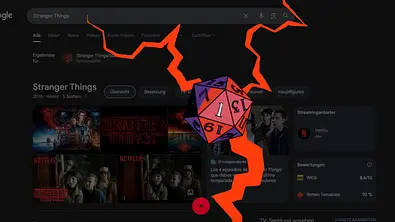 Der „Stranger-Things“-Würfel steht auf der 1 und schickt rote Blitze in drei Richtungen über den Bildschirm. - Foto: Google