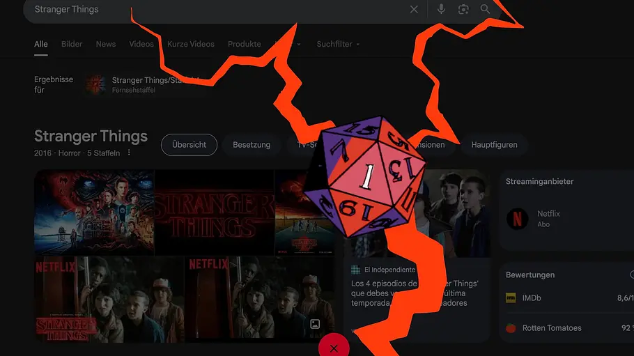 „Stranger-Things“ in der Google-Suche. Der „Stranger-Things“-Würfel steht auf der 1 und schickt rote Blitze in drei Richtungen über den Bildschirm.