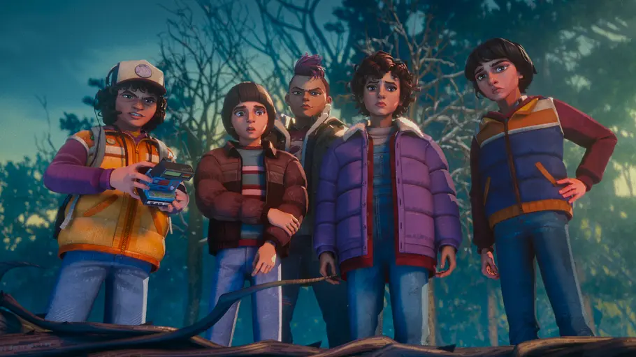 „Stranger Things: Tales From ’85“ – die Charaktere Dustin, Will, Eleven und Mike im ikonischen Mystery-Look.