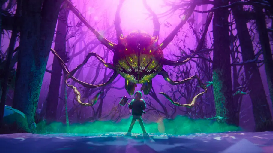 Ein pflanzenartiges Monster bedroht eine Figur in Stranger Things Tales from '85