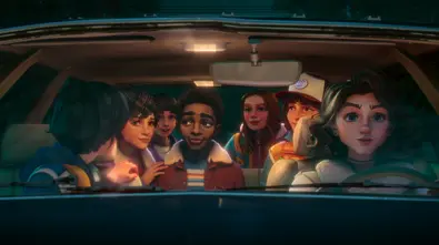 Luca Diaz als Mike, Brooklyn Davey Norstedt als Eleven, Benjamin Plessala als Will, Elisha “EJ” Williams als Lucas, Jolie Hoang-Rappaport als Max, Braxton Quinney als Dustin und Alessandra Antonelli als Nancy in „Stranger Things: Tales From 85“ Staffel 1. - Foto: Netflix