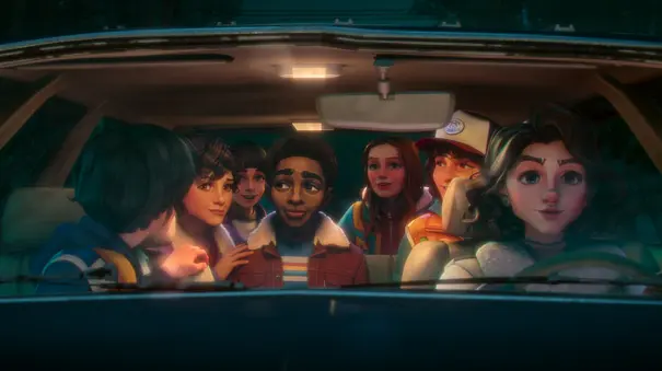 Luca Diaz als Mike, Brooklyn Davey Norstedt als Eleven, Benjamin Plessala als Will, Elisha “EJ” Williams als Lucas, Jolie Hoang-Rappaport als Max, Braxton Quinney als Dustin und Alessandra Antonelli als Nancy in „Stranger Things: Tales From 85“ Staffel 1. - Foto: Netflix