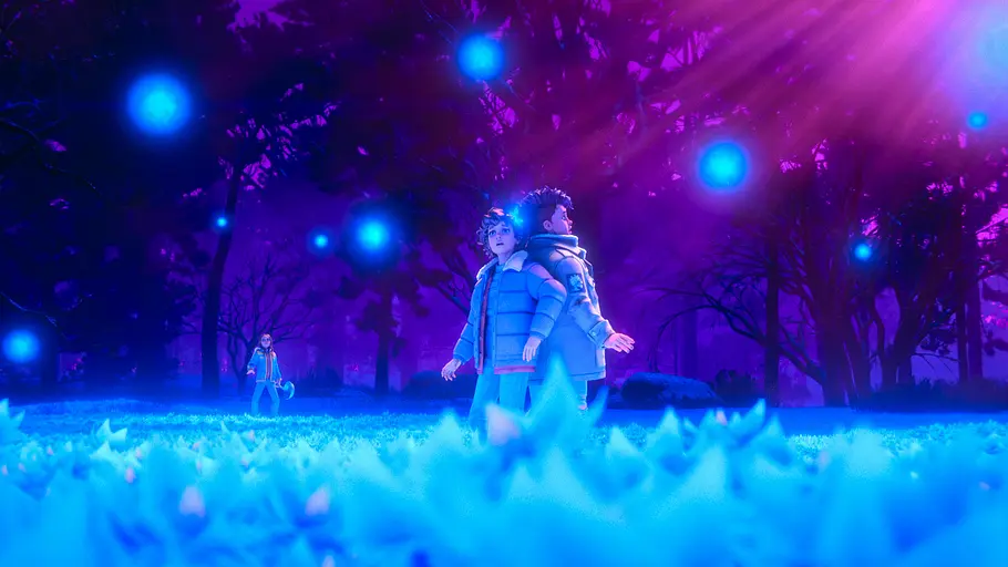 „Stranger Things: Tales of ’85“ Staffel 2 Elf und Nikki stehen in einem Feld blauer Blumen.