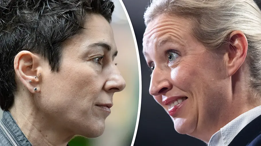 Dunja Hayali vs. Alice Weidel Collage zeigt eine ernst blickende Dunja Hayali und eine Alice Weidel mit aufgerissenen Augen, die sich anschauen.