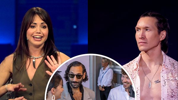 Collage: Christina Hänni lacht entgeistert. Evgeny Vinokurov schaut ernst zur Seite. Unten unterhalten sich Renata, Massimo und Valentin. - Foto: IMAGO / BREUEL-BILD/ Future Image/ Panama Pictures