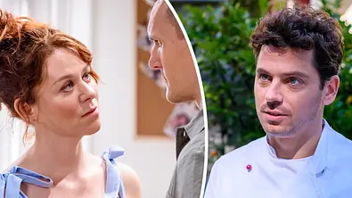 Sturm der Liebe-Wochenvorschau: Fanny (Johanna Graen l.) manövriert sich immer tiefer in ihr Liebeschaos mit Marlon (Frederik Bott m.) und Kilian (Anthony Paul r.) - Foto: © ARD/WDR/Christof Arnold