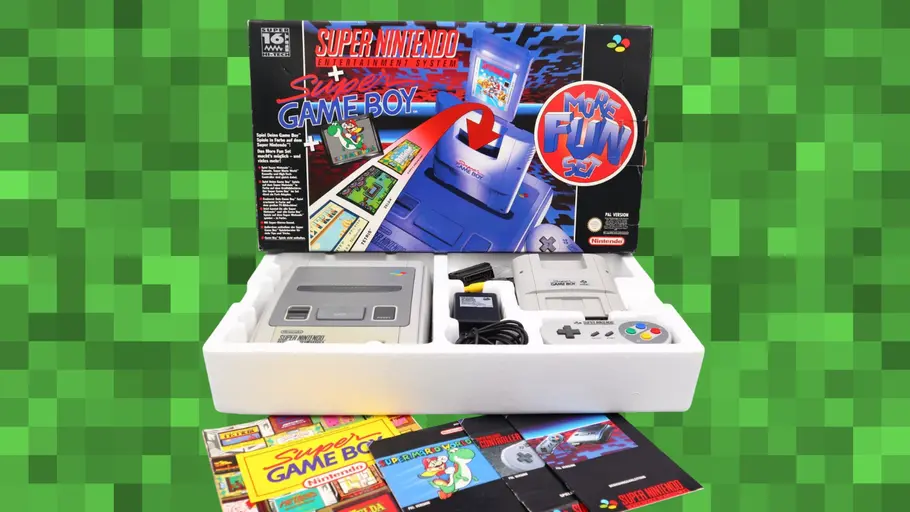 Super Game Boy Super Game Boy Verpackung und Inhalt vor grünem Pixel-Hintergrund