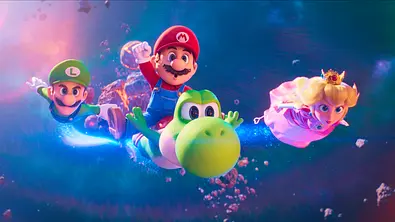 Luigi, Mario, Yoshi und Prinzessin Peach schweben im Der Super Mario Galaxy Film durch die Galaxie - Foto: Nintendo and Universal Studios. All Rights Reserved.