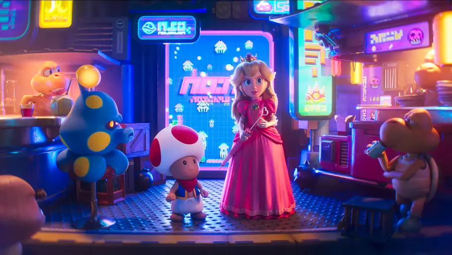 Toad und Prinzessin Peach stehen in einem Fiesling-Versteck im Super Mario Galaxy Film