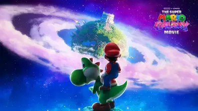 Yoshi und Mario, der auf Yoshi sitzt, stehen im Weltall und blicken auf einen grünen Planeten, der von Wolken umgeben wird. - Foto: Nintendo