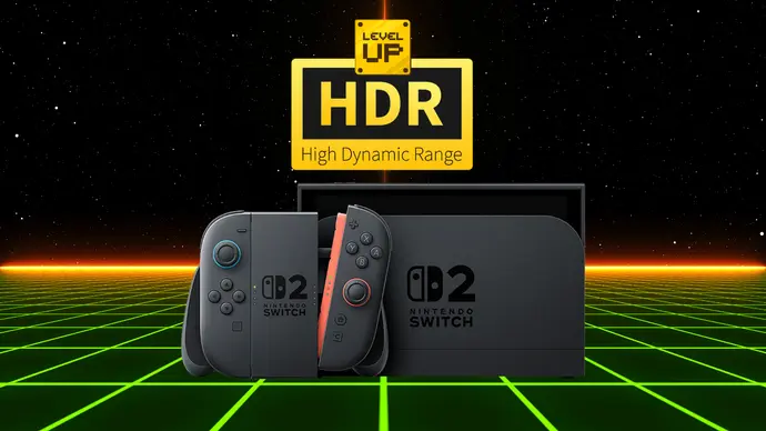 Switch 2 mit HDR + Level Up Symbol vor futuristischem Hintergrund - Foto: TV Movie