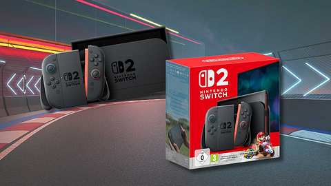 Die Nintendo Switch 2 im Bundle mit Mario Kart vor einer Rennstrecken-Kulisse - Foto: Nintendo (TVM Montage)