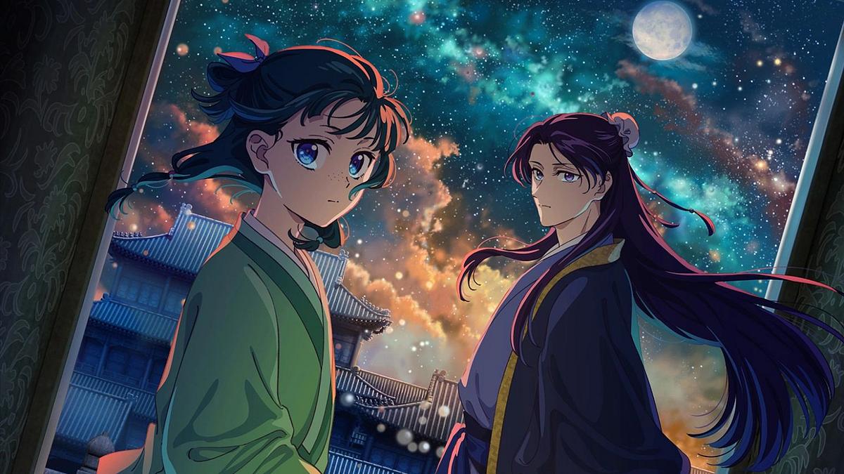 Maomao und Jinshi „Die Tagebücher der Apothekerin“: Maomao und Jinshi stehen vor dem Nachthimmel. Ihnen weht Wind durch die Haare und beide blicken nach vorne.