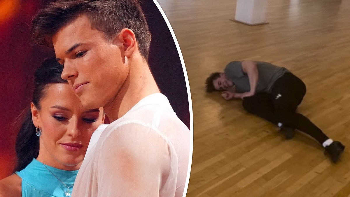 Taliso Engel am Boden Collage: Patricija Ionel schmiegt sich an Taliso Engel, rechts: Taliso krümmt sich auf dem Boden