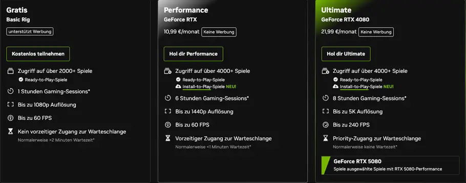 Screenshot Tarife GeForce Now