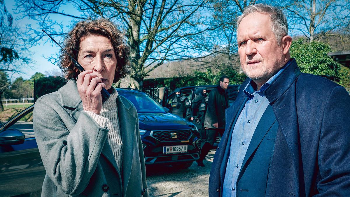 Wann läuft der nächste neue „Tatort“? Adele Neuhauser (Bibi Fellner) spricht in ein Funkgerät, Harald Krassnitzer (Moritz Eisner) steht neben ihr.