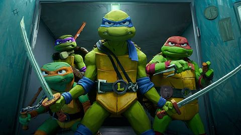 Von links nach rechts sieht man die Turtles Donatello, Michelangelo, Leonardo und Raphael aus dem Film Teenage Mutant Ninja Turtles: Mutant Mayhem.     - Foto: TMDB