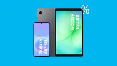 Samsung Galaxy A57 und Tab A11 vor einem blauen Hintergrund mit einem Prozentzeichen oben rechts - Foto: TV Movie Samsung Galaxy A57 und Tab A11 vor einem blauen Hintergrund mit einem Prozentzeichen oben rechts - Foto: TV Movie