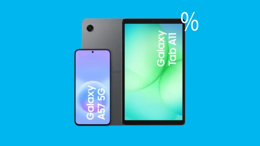 Aufmacherbild Coop Galaxy A57 + Tab A11 Blau Samsung Galaxy A57 und Tab A11 vor einem blauen Hintergrund mit einem Prozentzeichen oben rechts