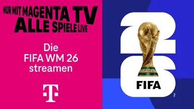 Grafik mit dem WM Pokal und FIFA-Logo auf der rechten Seite, links ist zu lesen. Nur mit Magenta TV alle Spiele live: Die FIFA WM 26 streamen.  - Foto: Telekom / Magenta TV