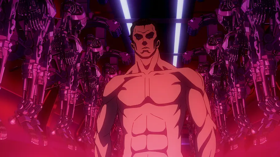 Terminator Zero Der Terminator steht vor einer rotausgeleuchteten Fabrik.