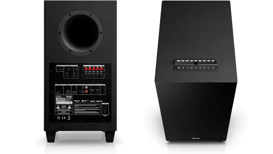 Teufel CONSONO 25 Concept Rückseite Subwoofer mit AV-Receiver-Anschlüssen und Draufsicht mit Bedienelementen