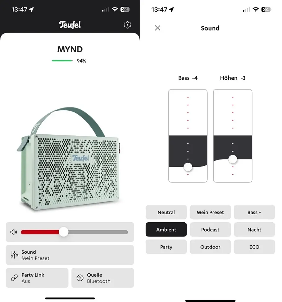 Auf den Screenshots der Teufel Go App sind die Steuerelemente der Bluetooth-Box und die Equalizer-Einstellungen zu sehen.