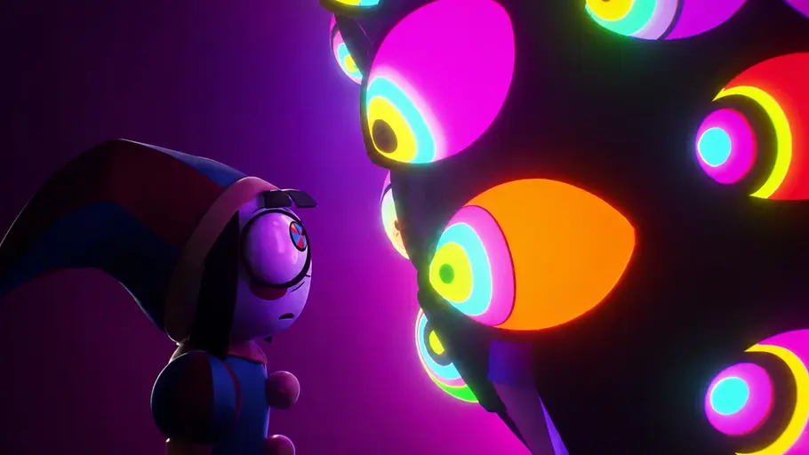 The Amazing Digital Circus Pomni schaut einer Abstraktion in die Augen.