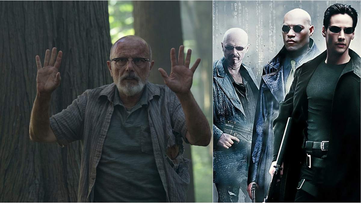 Ich glaub' ich seh' doppelt: Vier Joe Pantolianos! Joe Pantoliano hebt als Eugene die Hände über den Kopf. Daneben das Poster zum Film „Matrix“.
