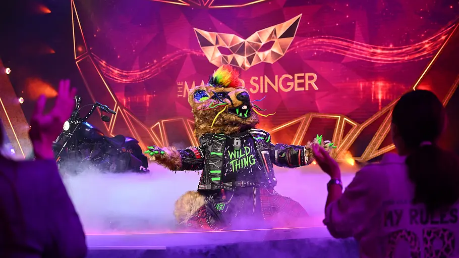 The Masked Singer: Holt sich Wild Thing heute den Sieg? Wild Thing steht im bunten Tierkostüm mit Lederjacke auf einer nebligen Bühne. Im Vordergrund klatschen Zuschauer.