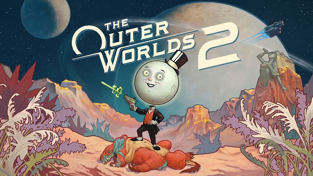 The Outer Worlds 2 Key-Artwork Das Keyart zu The Outer Worlds 2 zeigt in Comic-Grafik den Mond-Mann mit Kanone, der auf einem toten Alien steht