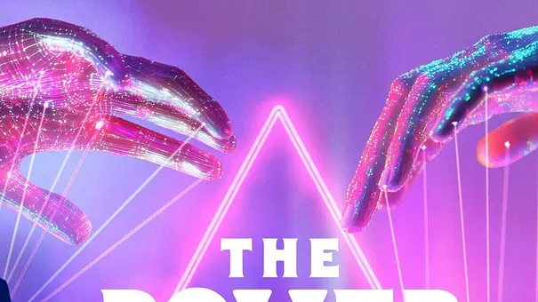 Glitzernde Hände halten Fäden über Silhouetten. Im pink-violetten Neondreieck steht „The Power – Wer hat die Macht?“. - Foto: Joyn Glitzernde Hände halten Fäden über Silhouetten. Im pink-violetten Neondreieck steht „The Power – Wer hat die Macht?“. - Foto: Joyn