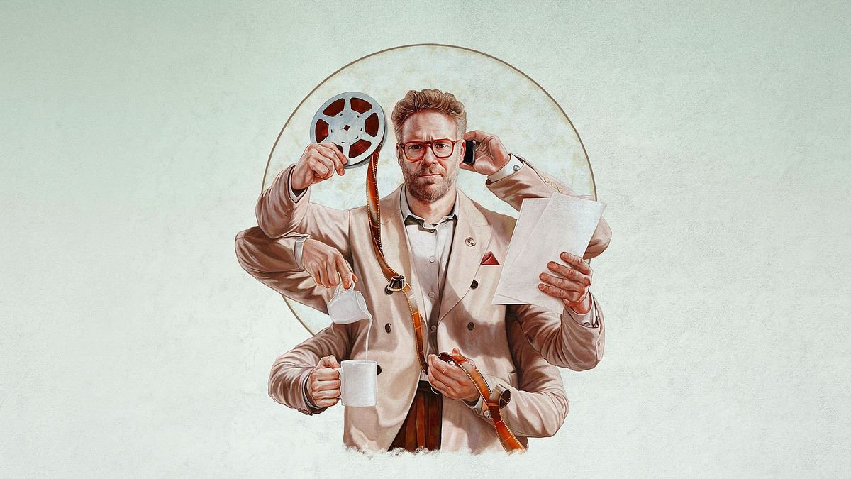 The Studio Poster der Serie The Studio. Man kann Seth Rogen als Matt Remick sehen, der sechs Arme hat und in diesen filmbezogene Gegenstände hält.