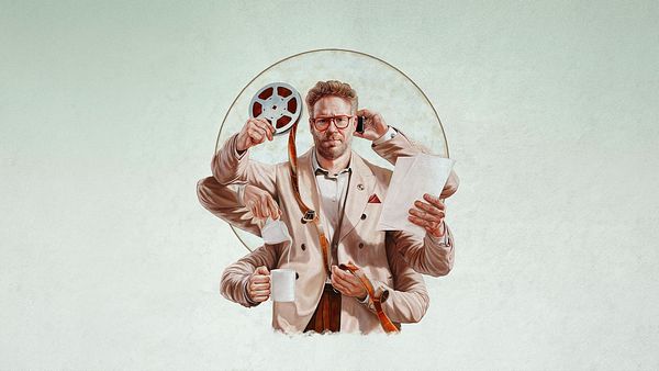 Poster der Serie The Studio. Man kann Seth Rogen als Matt Remick sehen, der sechs Arme hat und in diesen filmbezogene Gegenstände hält. - Foto: TMDB