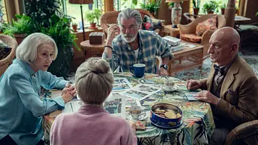 Szene aus The Thursday Murder Club mit Helen Mirren, Pierce Brosnan und Sir Ben Kingsley - Foto: Netflix Szene aus The Thursday Murder Club mit Helen Mirren, Pierce Brosnan und Sir Ben Kingsley - Foto: Netflix