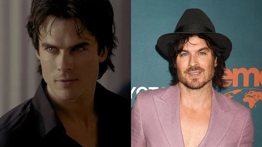 Der „The Vampire Diaries“-Cast damals und heute Links sehen wir Damon in Staffel 1 von TVD, Rechts steht Ian heute mit Hut auf dem Red Carpet.