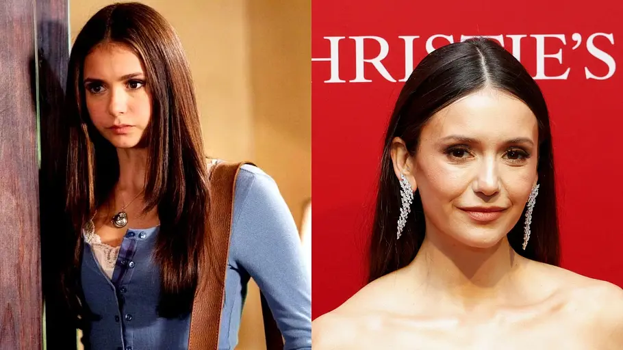 Der „The Vampire Diaries“-Cast damals und heute Vorher (l.) und Nachher (r.) von Nina Dobrev: Links lehnt sie sich in einer Szene aus der ersten Staffel von TVD gegen einen Türrahmen. Rechts posiert sie auf dem Roten Teppich