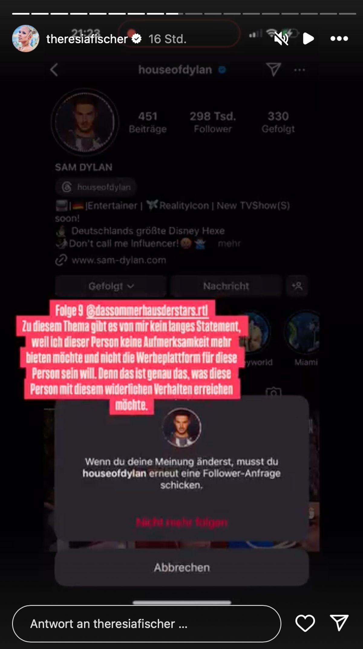 Screenshot aus der Insta-Story von Model Theresia Fischer.